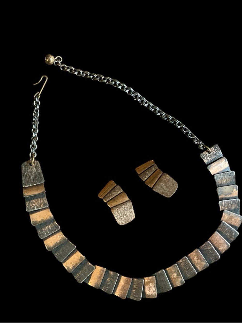 Vintage Brutalist Necklace Set Multi Tone MCM Modernist Panel Choker w Earrings
